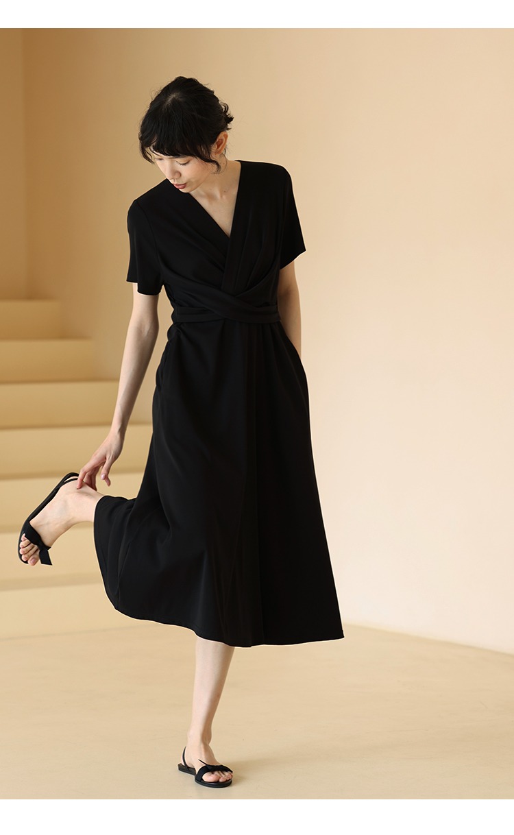 巴黎神女纏繞式彈力收腰好比例顯瘦V領連身裙洋裝,性感,時尚,清新,浪漫,洋裝