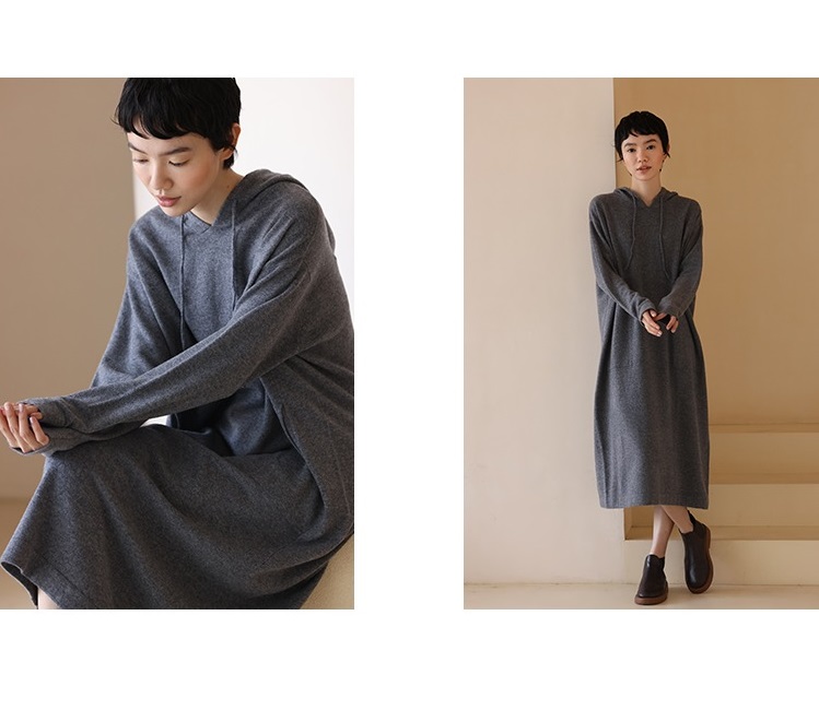 進口超細100%美利奴羊毛連帽寬鬆針織連身裙洋裝