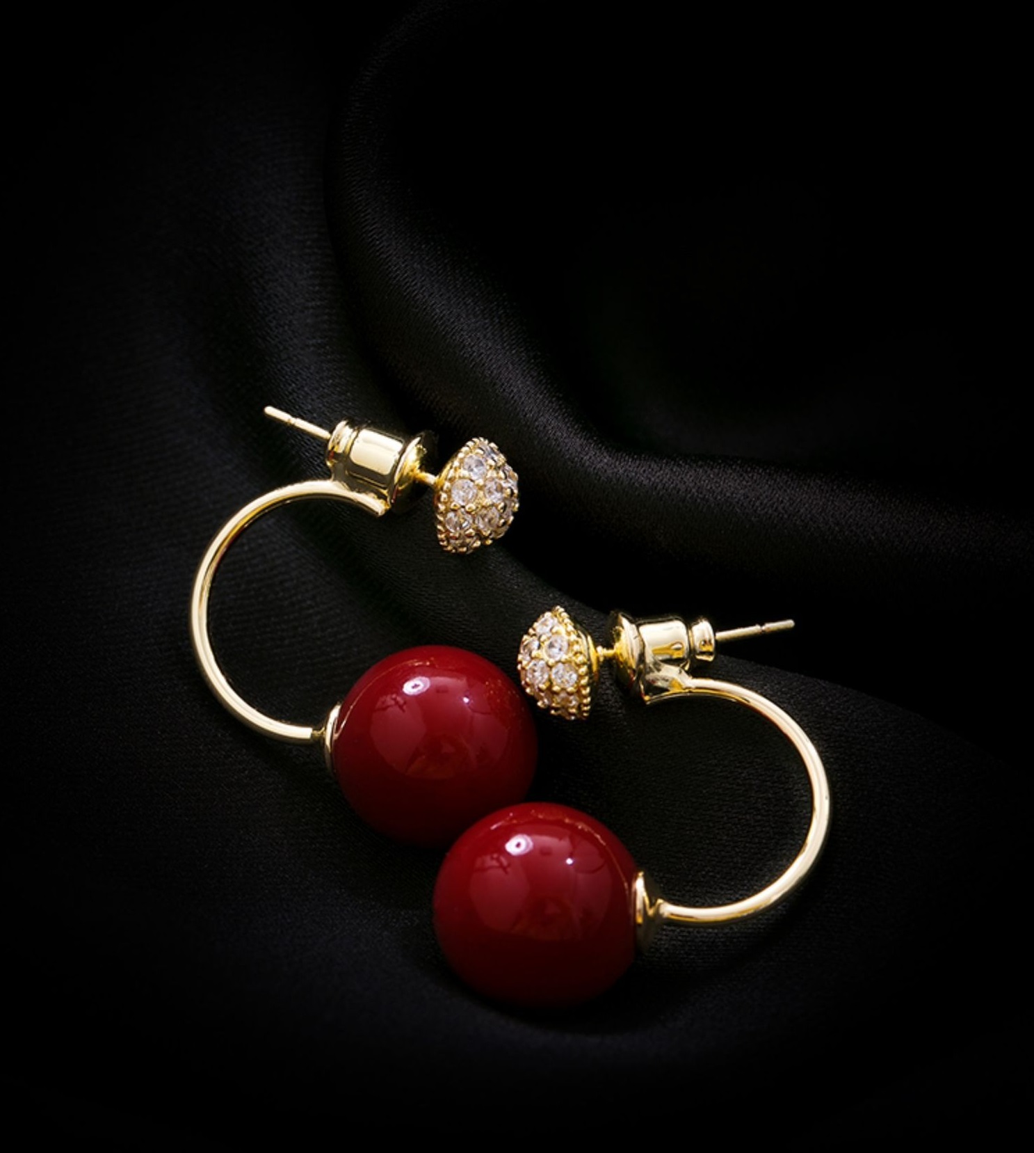 新年紅珍珠耳環耳墜女小眾C型設計高級感鋯石輕奢氣質耳環