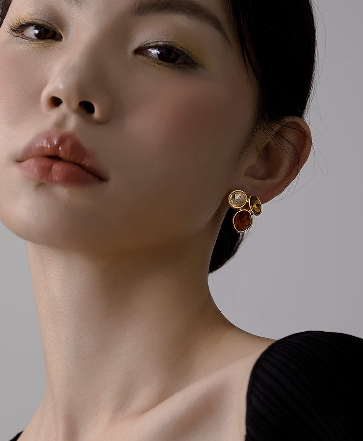 歐式高級感美拉德咖色鋯石耳環女高級輕奢氣質925銀針耳環耳環飾品
