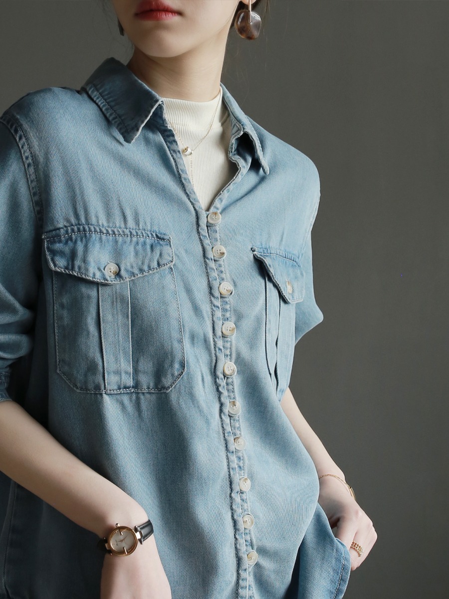 設計感萊賽爾天絲牛仔襯衫女春季單排扣寬鬆休閒V領上衣