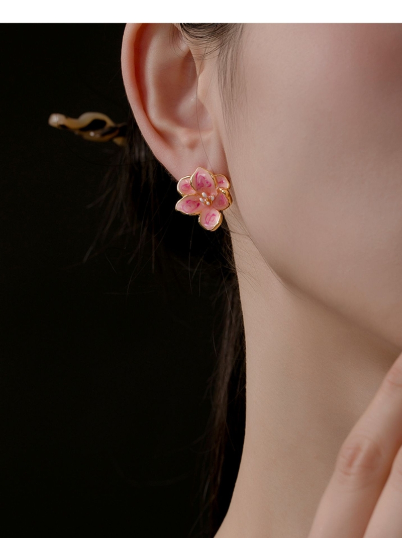 甜美超仙粉色桃花耳環女小眾高級感滴釉花瓣設計溫柔氣質耳環耳飾