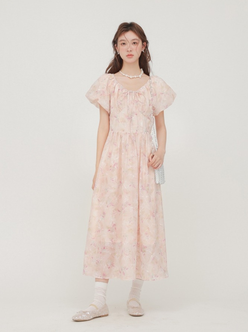 茶歇法式泡泡袖粉紅洋裝女新品夏季短袖顯瘦裙子連身裙