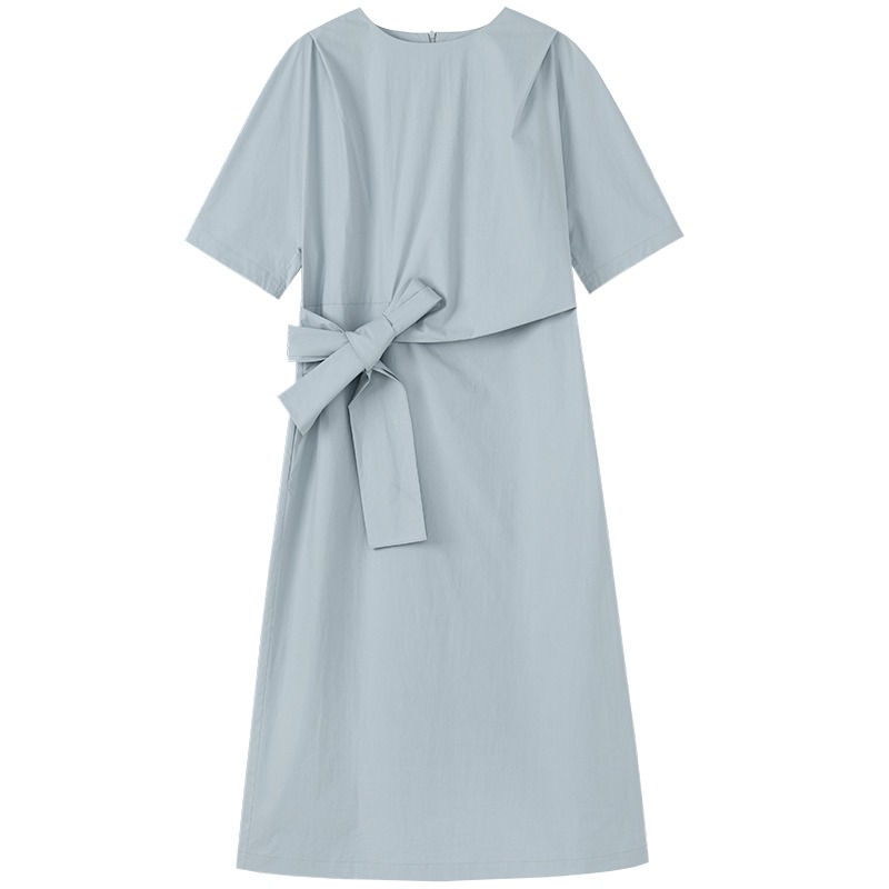 藍風鈴連身裙寬鬆不挑人顯瘦腰間扭結收腰圓領H型洋裝