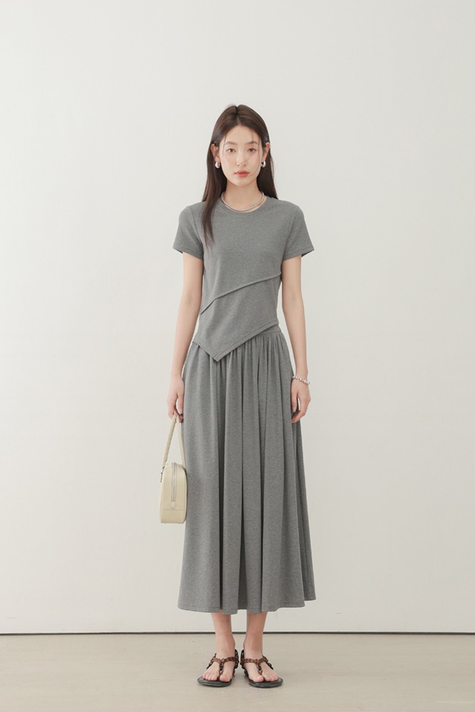 不規則設計感灰色短袖T卹女款上衣中長半身裙套裝