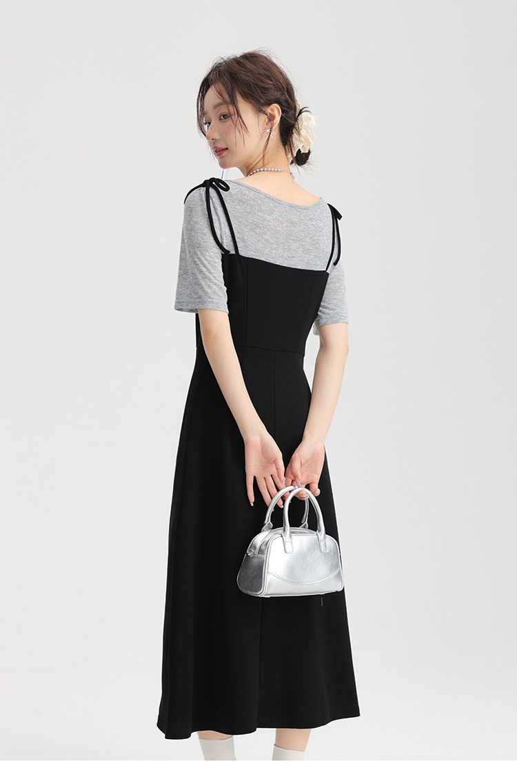大尺碼小眾設計假兩件洋裝新品女胖mm高腰黑色長裙連身裙