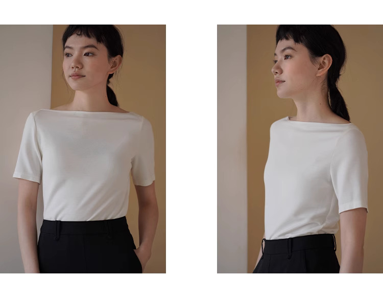 平衡通勤感舒適長期主義高智基礎款一字領T卹顯瘦上衣女