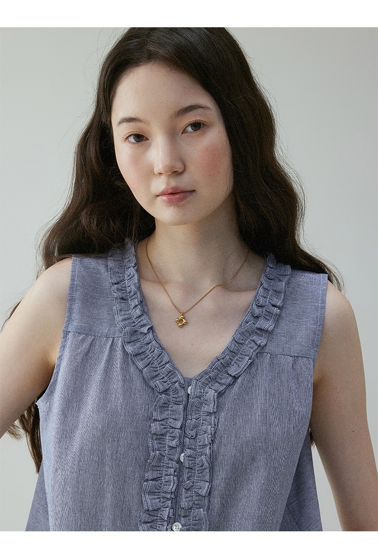 法式前後兩穿蕾絲背心襯衫女夏季百搭V領無袖上衣