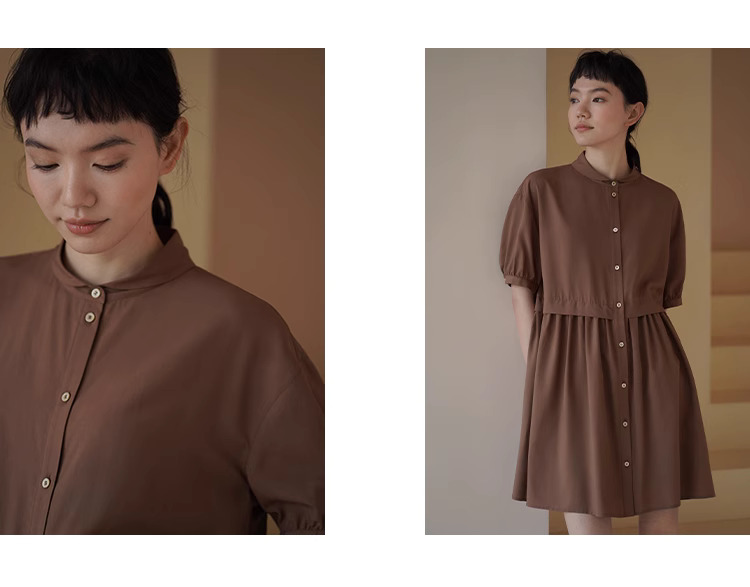 復古烤肉桂洋裝精緻小翻領寬鬆垂順顯瘦A字短裙女