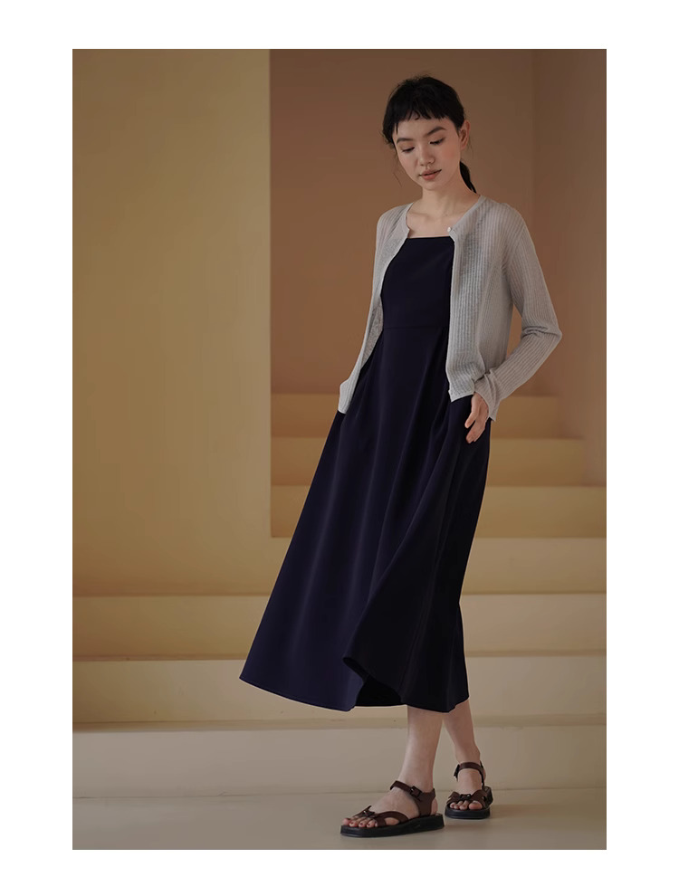 深冷調藏青吊帶裙高腰黃金分割顯瘦百搭通勤洋裝女