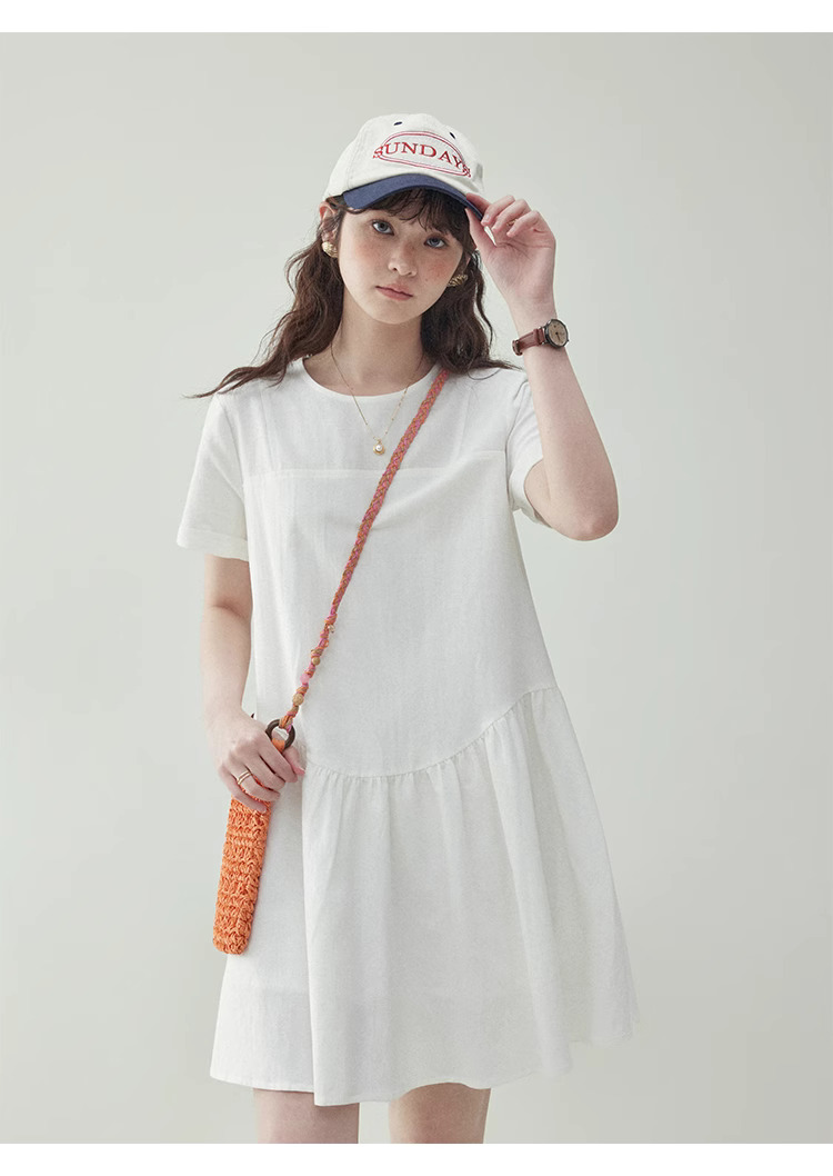 法式白色寬鬆短袖連身裙女25夏季新款小個子短裙