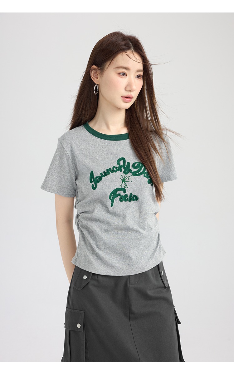 重工刺繡灰色t卹短袖小眾設計感女春夏甜辣胖mm大尺碼