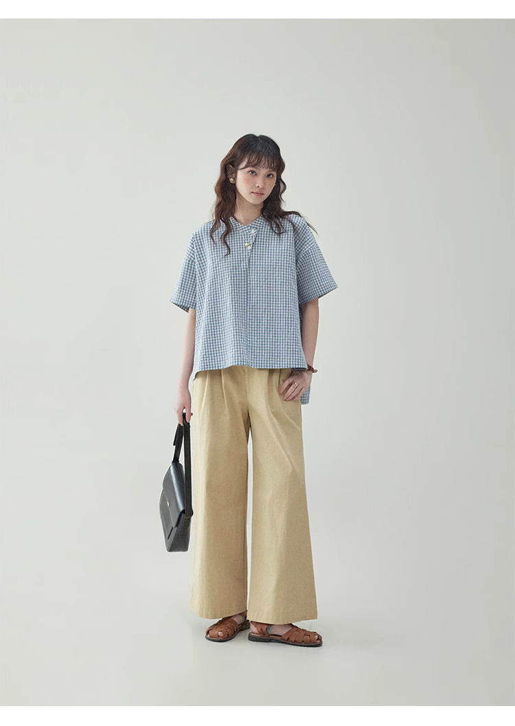 藍格紋不規則蝙蝠袖襯衫女夏季新款寬鬆套頭上衣