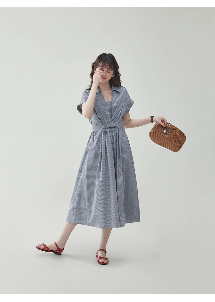 黑白格紋扭結短袖連身裙女夏季新款收腰a字中裙