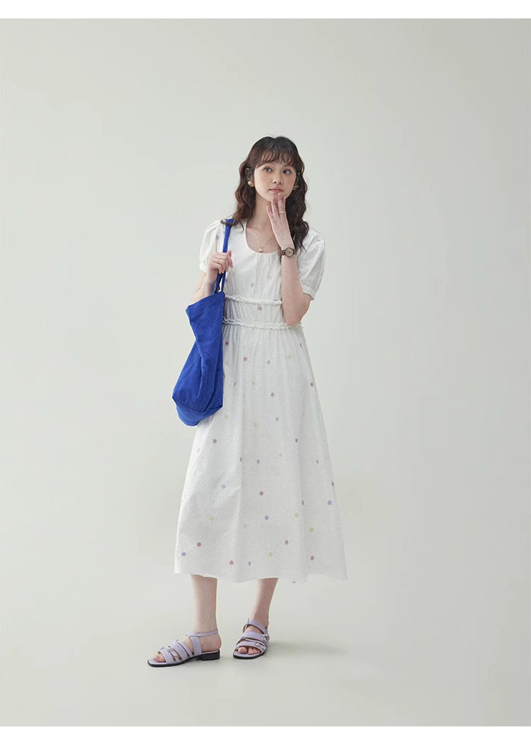白色花邊純棉碎花洋裝女夏季新款收腰a字中裙