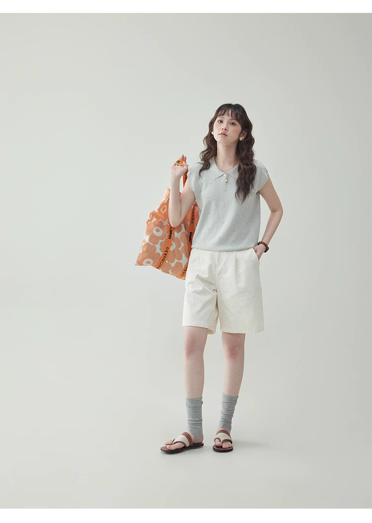 純色鏤空提花無袖針織衫女夏季新款寬鬆翻領上衣