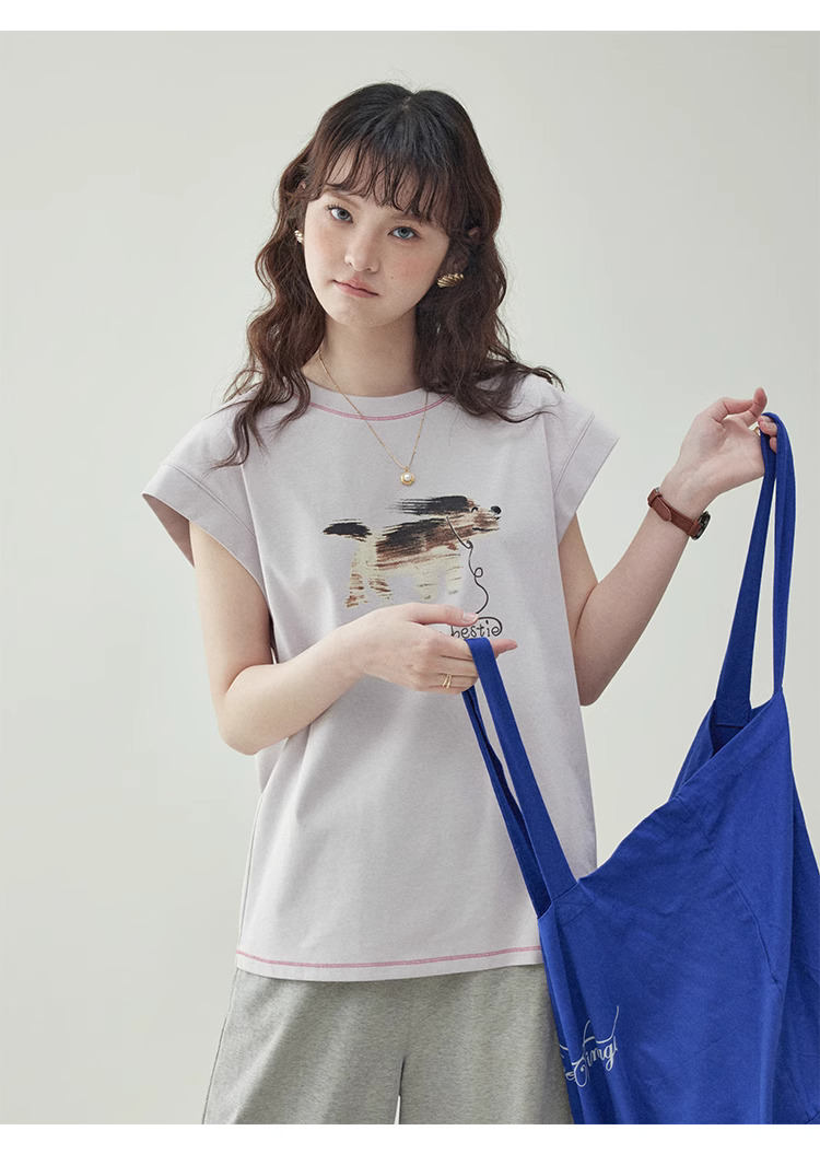 少女感小狗印花無袖純棉t卹女夏季減齡寬鬆上衣