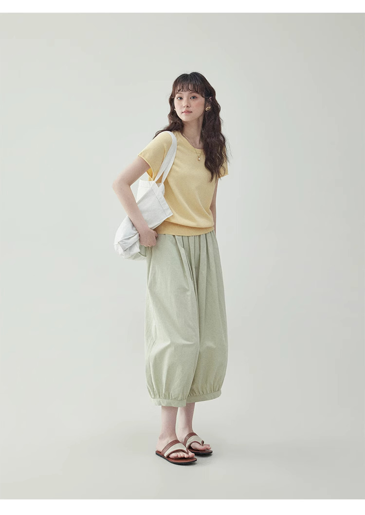 鵝黃色收腰捲邊針織衫女夏季新款插肩袖寬鬆上衣