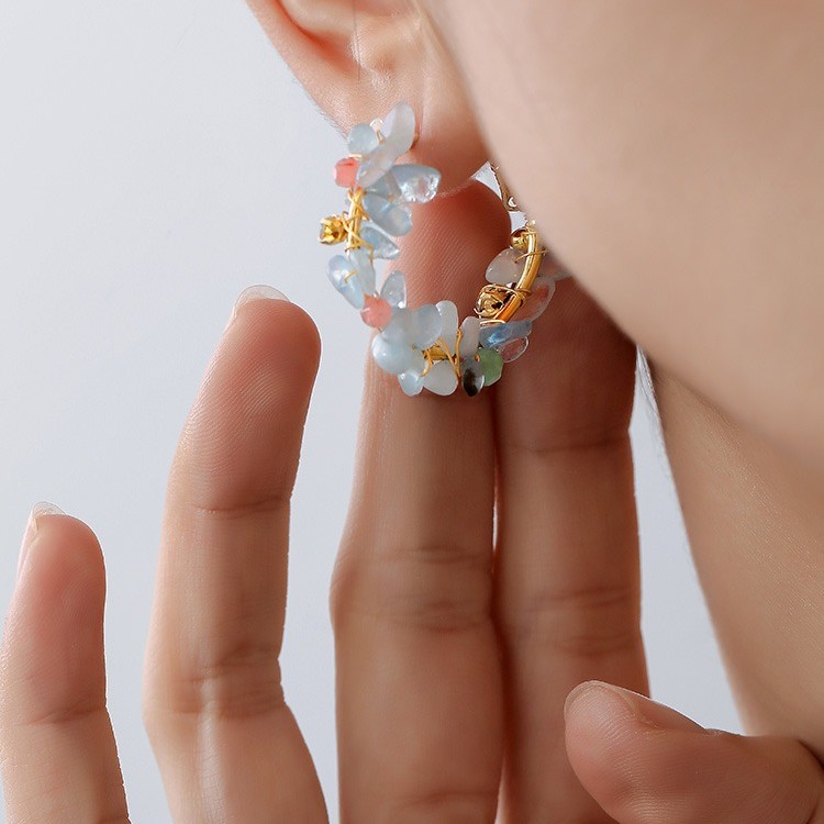 海藍寶碎石晶獨特設計高級感夏季小清新耳環耳飾品