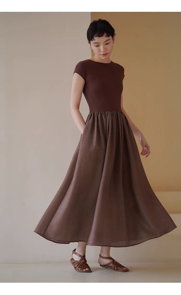 顯白特調赭紅彈性針織拼接大裙擺合身顯瘦梨形洋裝女