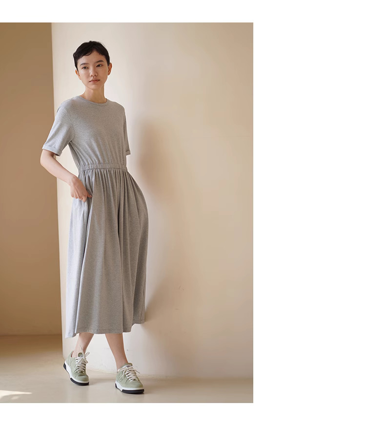 日常實用派舒適軟糯彈性鬆緊高腰圓領寬鬆顯瘦洋裝女