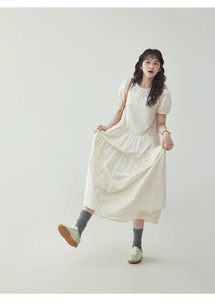 法式泡泡短袖碎花洋裝女夏季新款甜美減齡長裙