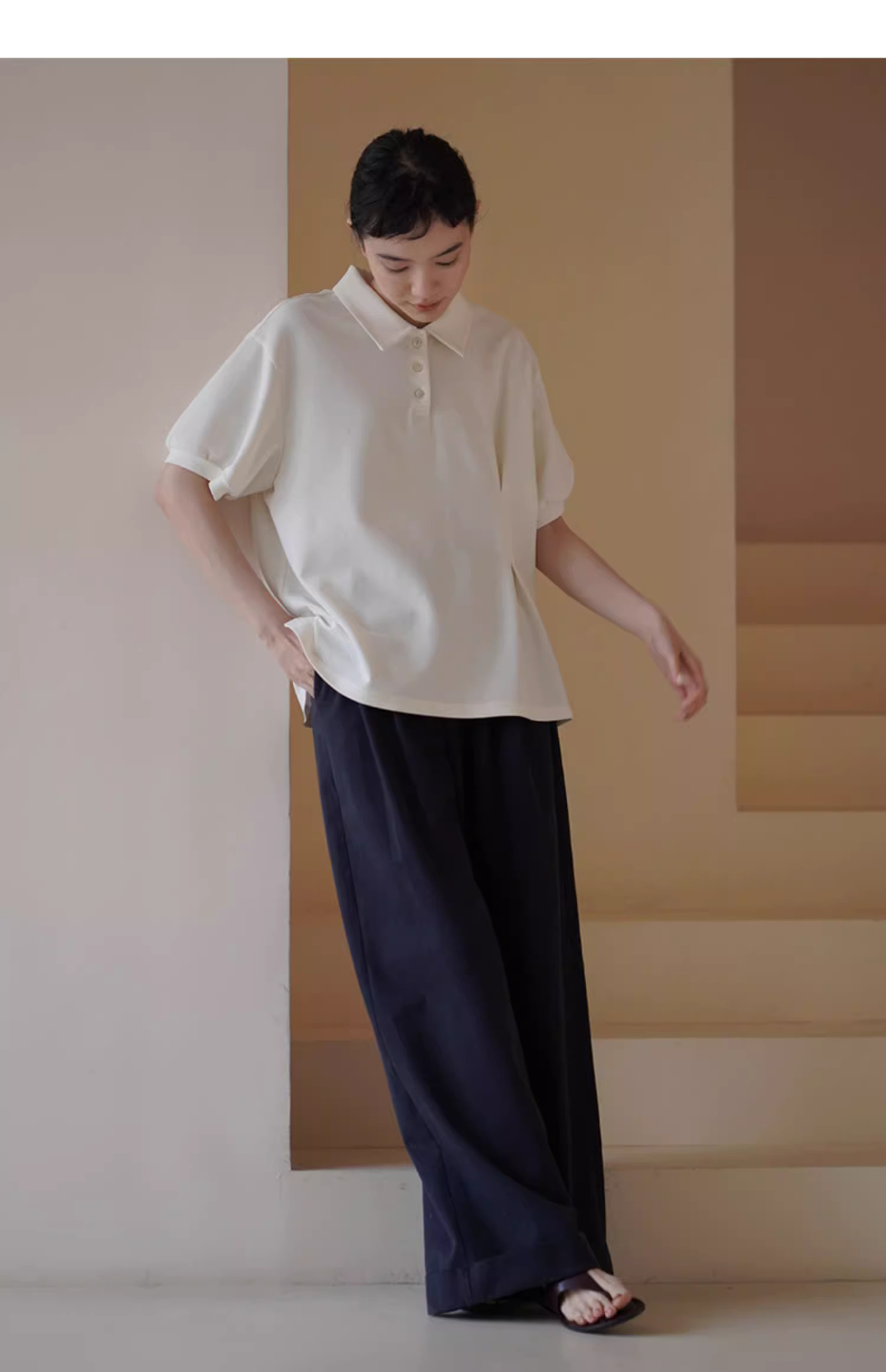 筆筆直修腿長褲萊賽爾棉挺括寬鬆高腰折邊休閒闊腿褲女