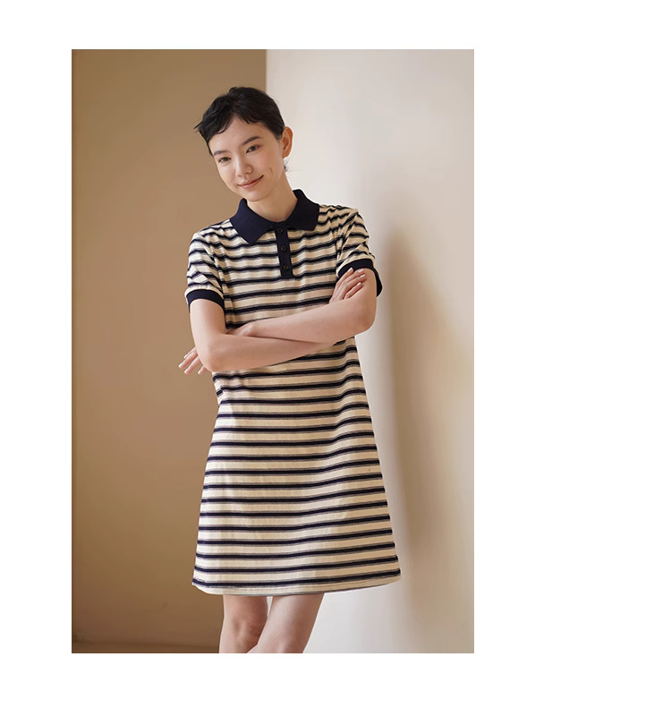 美式條紋日洋裝24支雙紗平紋棉混紡顯瘦撞色Polo裙女