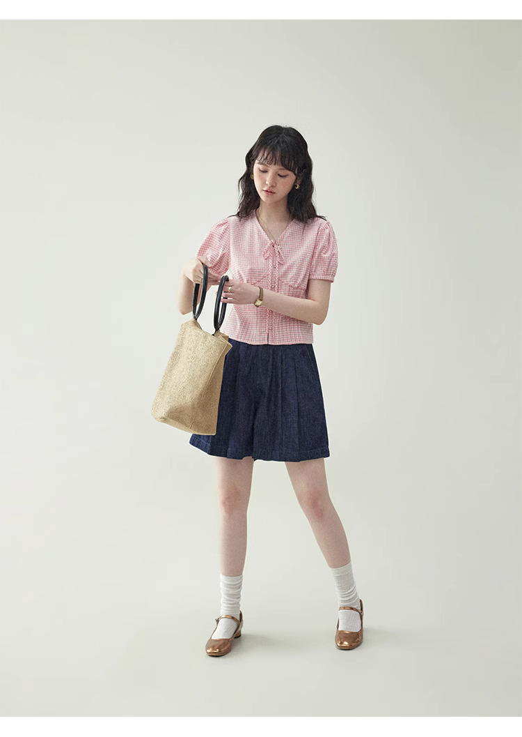 韓系深色高腰寬腿休閒牛仔褲女夏季新款寬鬆壓褶短褲