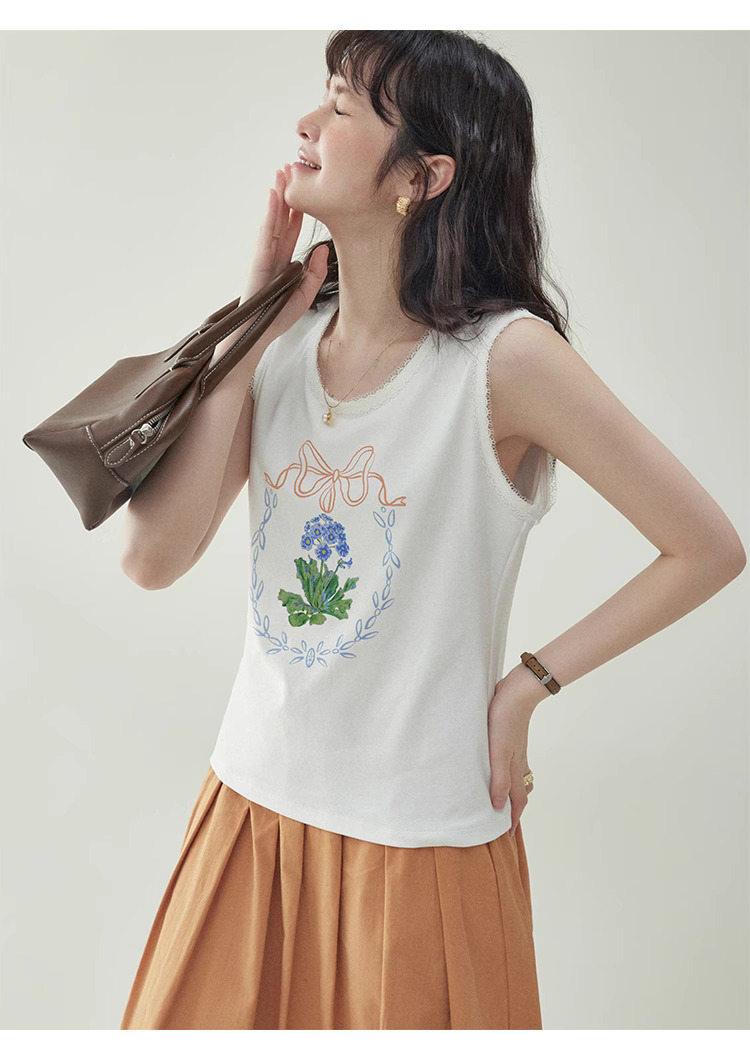 韓系花朵印花背心T恤女25夏季新款蕾絲無袖上衣