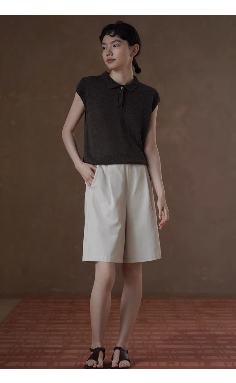 苔痕雨季透氣輕薄亞麻棉紗線Polo領針織顯瘦短袖上衣女
