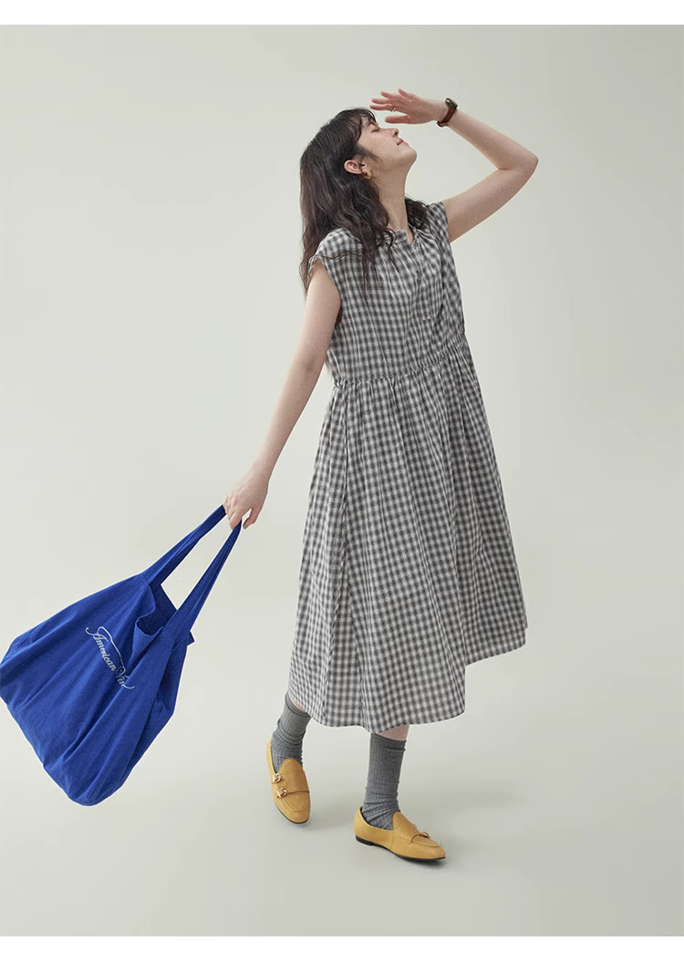 黑格抽繩v領純棉洋裝女夏季新款a字短袖中長裙