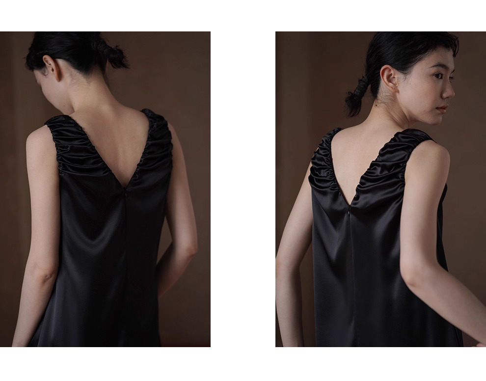 貴氣質感緞面簡約法式V領洋裝手工扭褶肩帶寬鬆背心裙