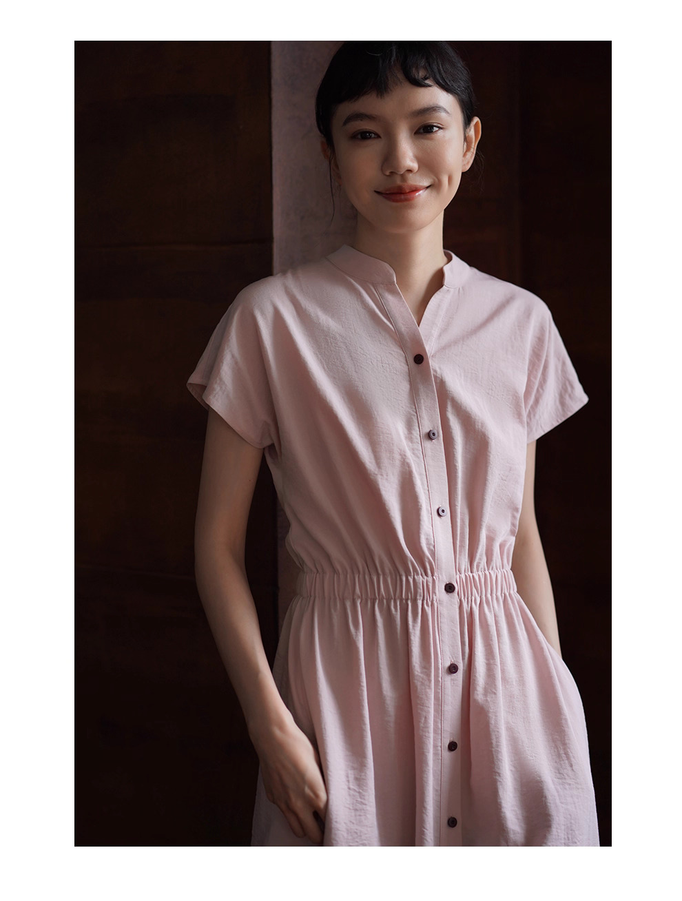 冰透粉晶洋裝寬鬆收腰短袖長撞色釦子立領襯衫裙子