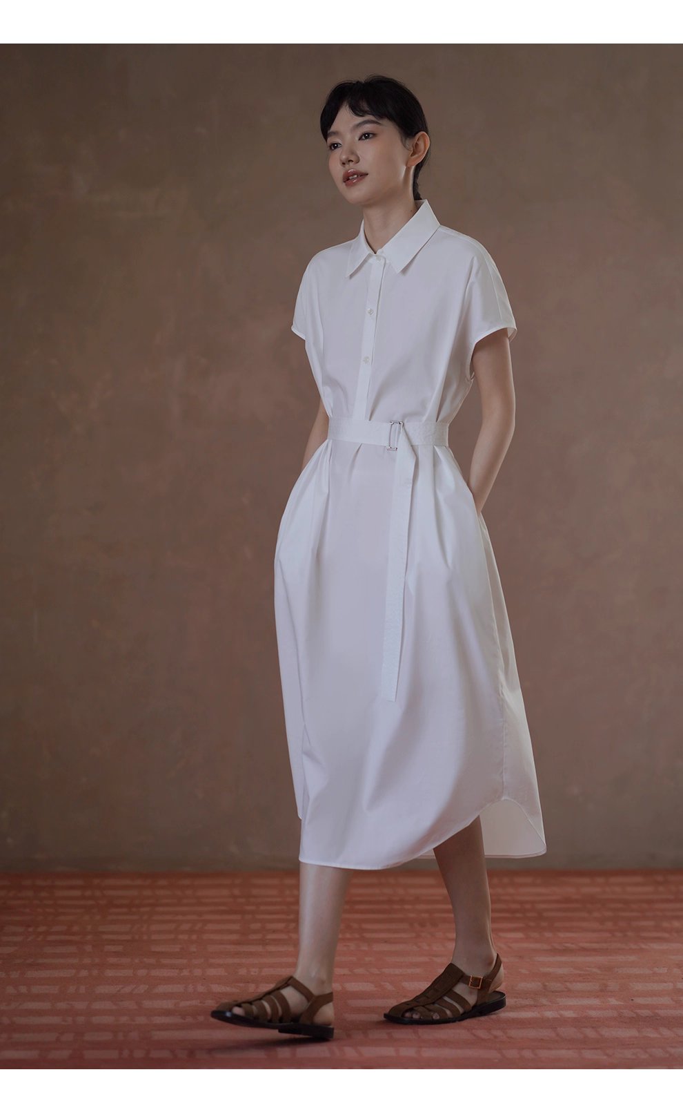 浮生一日清冷通勤洋裝寬鬆顯瘦腰帶半門襟長襯衫裙