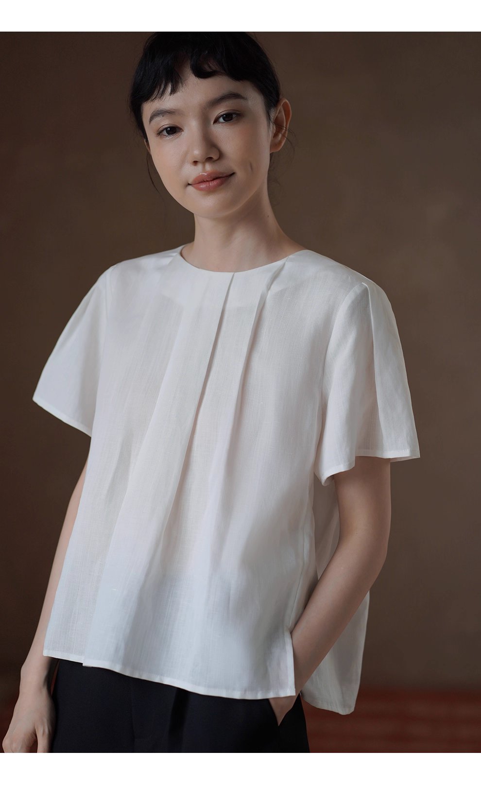 清香白檸檬上衣壓褶圓領A字顯瘦萊賽爾亞麻透氣通勤襯衫