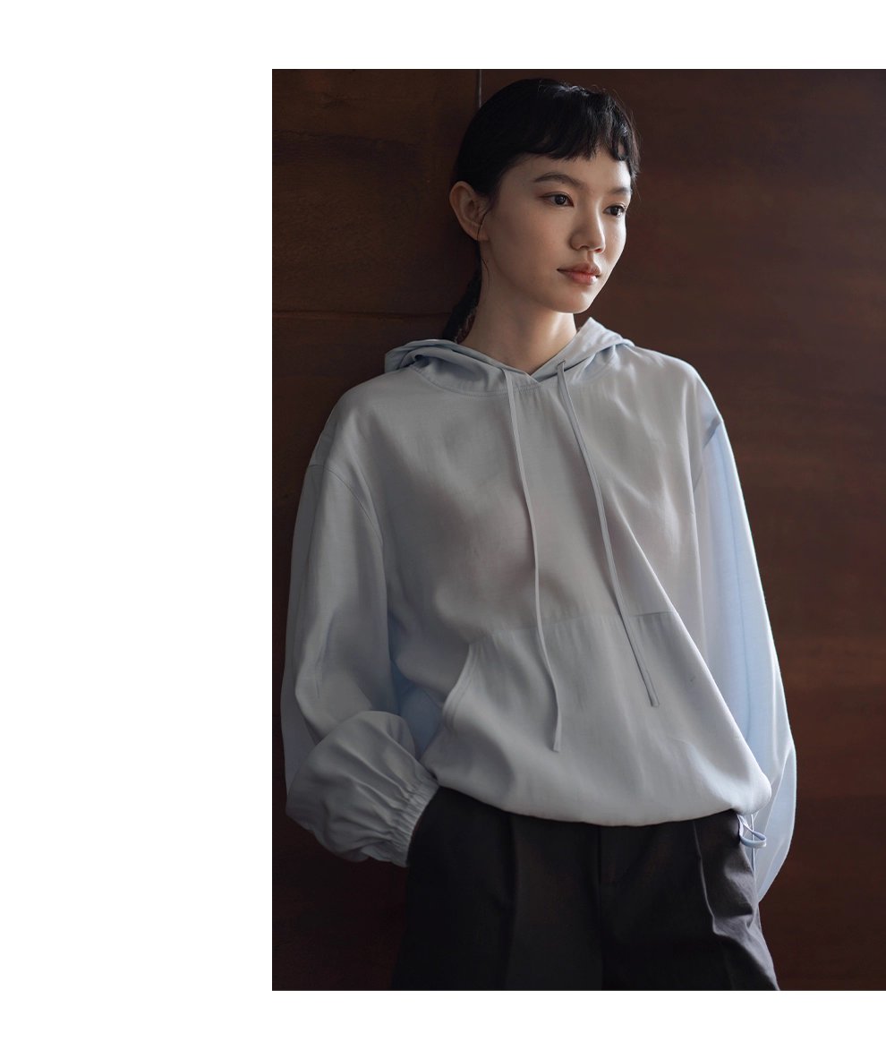 潤石晶藍清涼透氣連帽寬鬆顯瘦長袖休閒襯衫薄上衣女