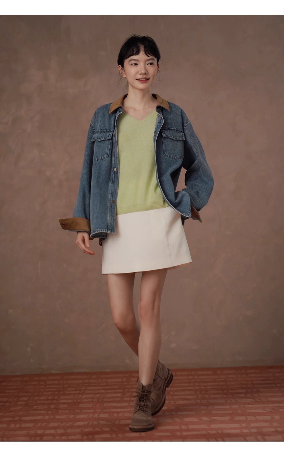 復古風潮做舊水洗燈芯絨拼接翻領牛仔襯衫寬鬆顯瘦外套