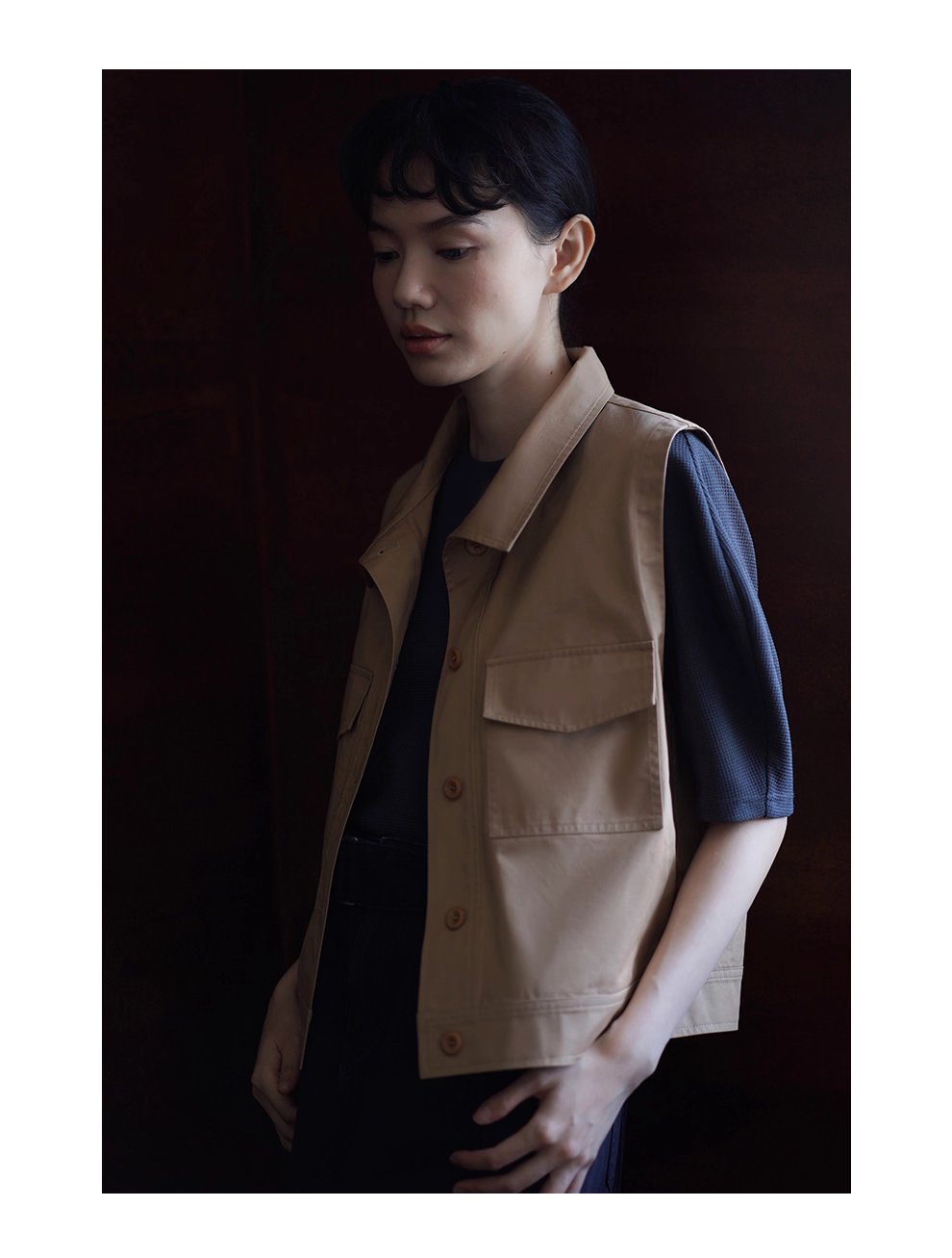 楓葉長椅馬甲顯瘦挺括親膚萊賽爾棉立領工裝疊穿外套女