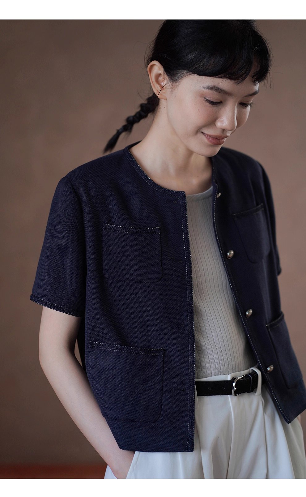 法式花邊拼接肌理感短袖小香氣質圓領通勤顯瘦短外套