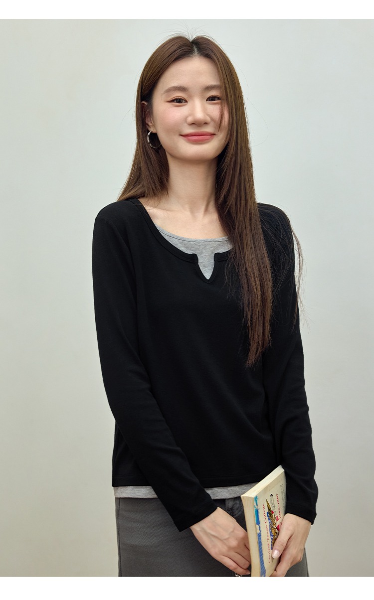 黑色正肩長袖t桖女秋季假兩件上衣