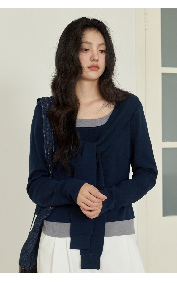 大尺碼假兩件綁帶針織衫上衣長袖打底衫