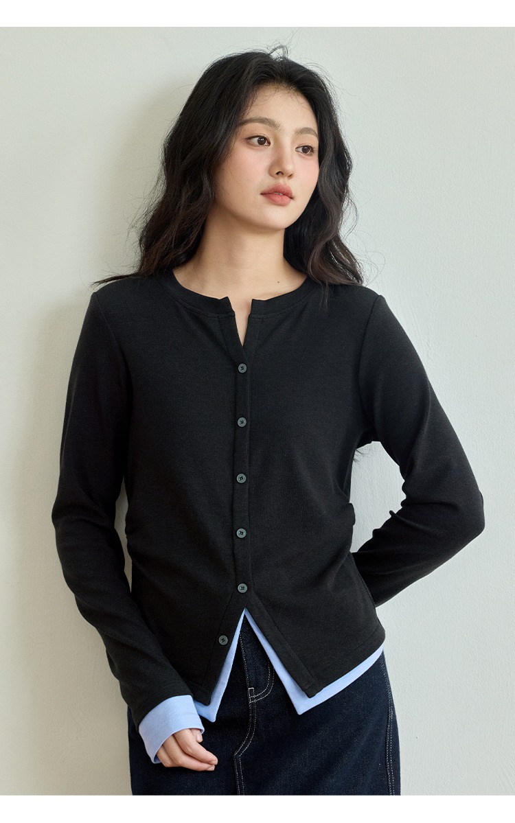 大尺碼胖mm正肩假兩件t恤女內搭打底衫秋季長袖上衣