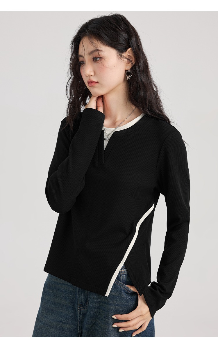 大尺碼黑色針織衫女打底衫顯瘦胖mm正肩長袖上衣