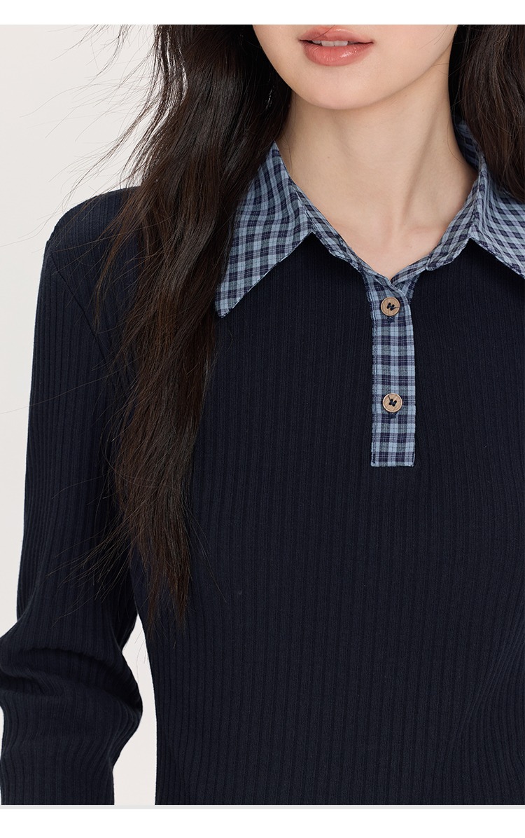 大尺碼拼接格紋襯衫假兩件針織衫polo領上衣