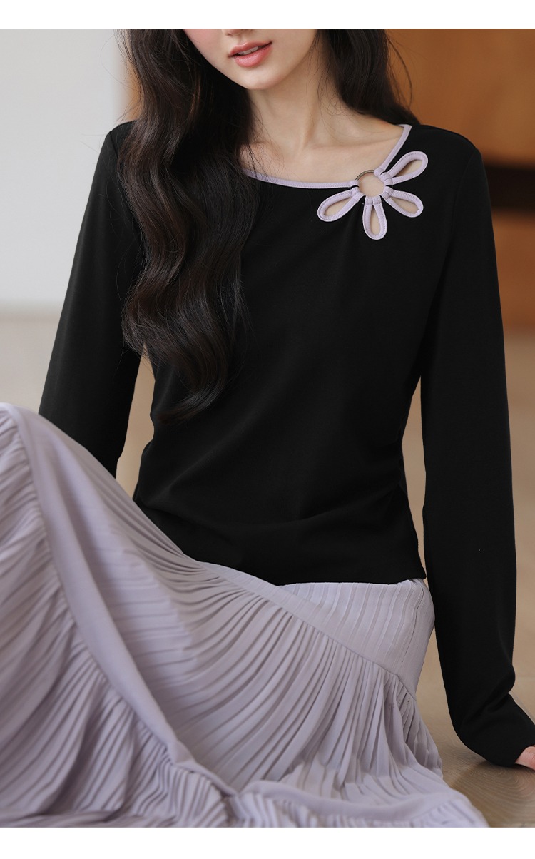 大尺寸胖mm鏤空花朵正肩長袖t恤女2025新款穿搭內搭上衣