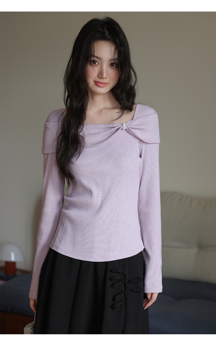 大尺碼氣質穿搭方領針織衫新款內搭打底衫秋季紫色上衣