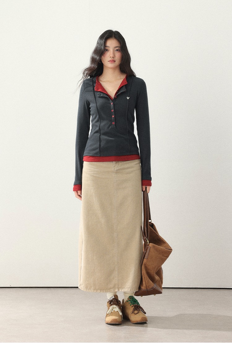 大尺碼秋裝灰色正肩長袖設計感假兩件疊穿上衣