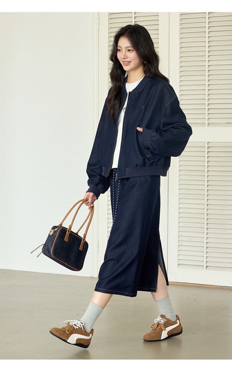 大尺碼棒球外套女半身長裙兩件套天絲牛仔套裝