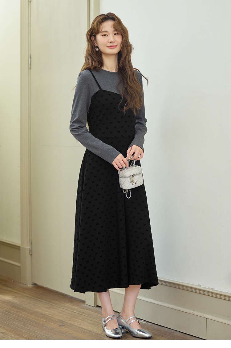 大尺碼拼接假兩件洋裝高級感早秋女裝黑色裙子